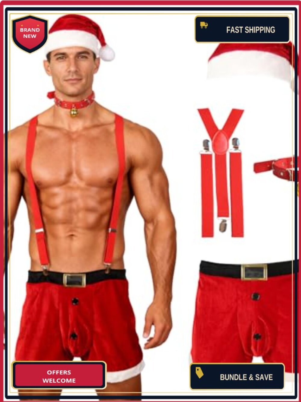 Men's Santa Costume Set Plush Velvet Boxer Briefs Suspenders Hat Bell Collar